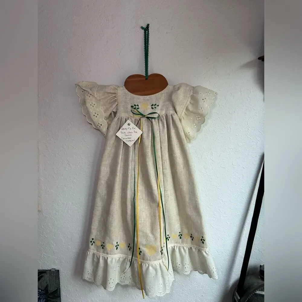 Cream Eyelet hand stamped prairie cottagecore wall decor VTG hanging Dress
